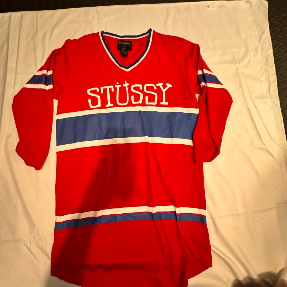Stussy Red V-Neck Shirt with Blue Trim